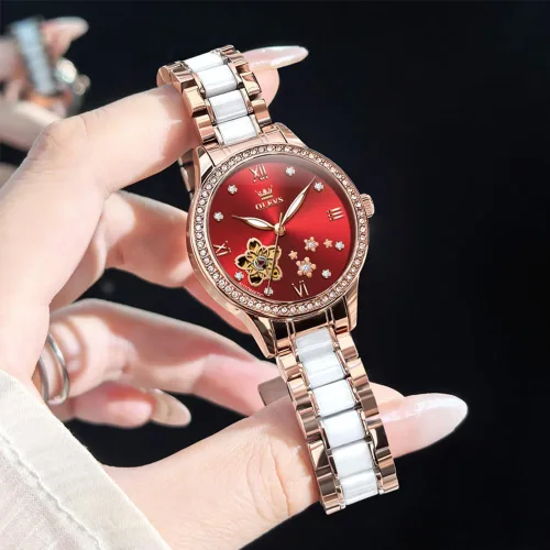 Miniatura 6 de OLEVS Relojes automáticos para mujer, reloj de vestir de lujo con diamantes para mujer, correa de cerámica de cuerda automática, impermeable, juego
