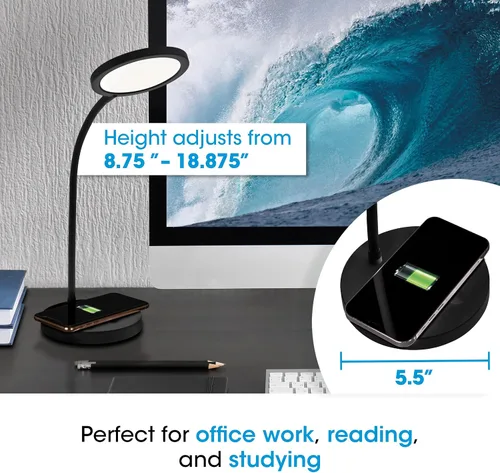 Miniatura 5 de OttLite Good Housekeeping - Lámpara de escritorio LED circular con carga inalámbrica, diseñada para reducir la fatiga ocular, lámpara de escritorio