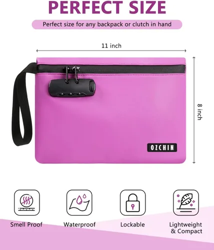 Miniatura 13 de OZCHIN Bolsa a prueba de olores con cerradura de combinación de 10 x 7 pulgadas, bolsa de bloqueo de piel sintética impermeable con cerradura, gran