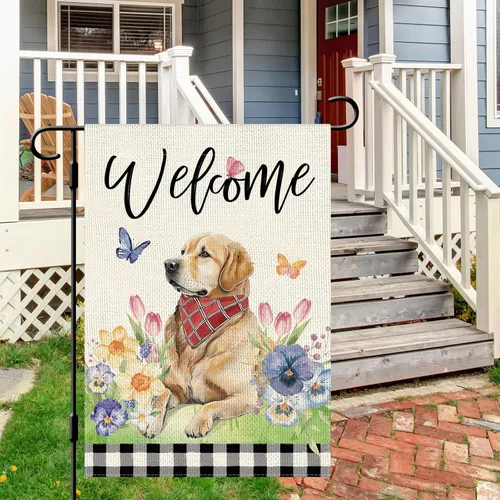 Miniatura 3 de DLZDN Bandera de jardín con diseño floral de mariposa para perro, bandera de jardín de 12 x 18 pulgadas, diseño de búfalo a cuadros de doble cara