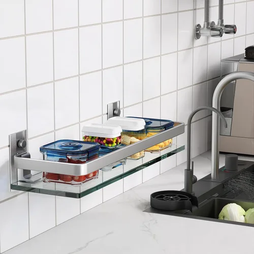 Miniatura 8 de Danpoo Estante de pared de vidrio templado transparente, organizador de pared para baño, cocina (plata mate)