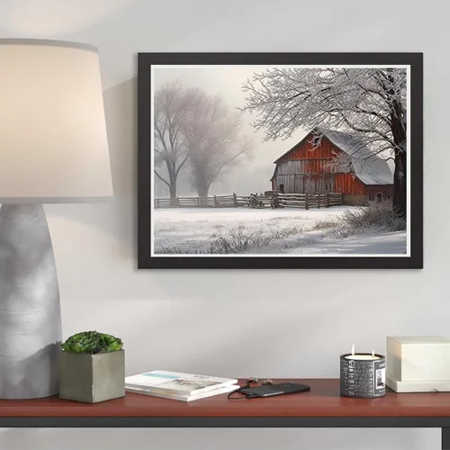 Miniatura 4 de Pintura de diamantes, árbol de nieve, niebla, granero rural, granero, kit de invierno para adultos, pintura de diamantes por números, arte de gemas