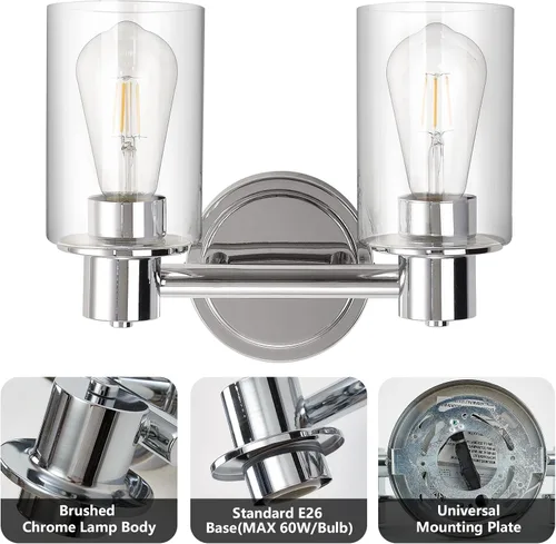Miniatura 6 de Apliques de Pared de Baño de 2 Luces con Cristal Transparente, Luces de Pared de Baño Sobre Espejo, Luces de Tocador Cromadas con Base E26 Cromo