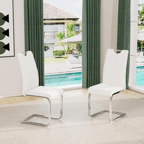 Miniatura 44 de Juego de sillas de comedor modernas (2 unidades) de piel sintética PU con respaldo alto tapizadas con patas doradas de metal para cocina y comedor