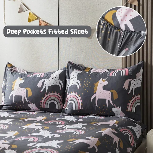 Miniatura 4 de HollyHOME Juego de edredón de microfibra suave de unicornio y arco iris para adolescentes y niñas, juego de cama de 7 piezas en una bolsa