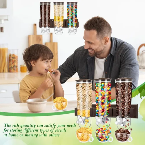 Miniatura 6 de Nitial Dispensador de cereales montado en la pared de 4.5 L, dispensador de granos triple con taza, contenedor de almacenamiento de cereales de Café
