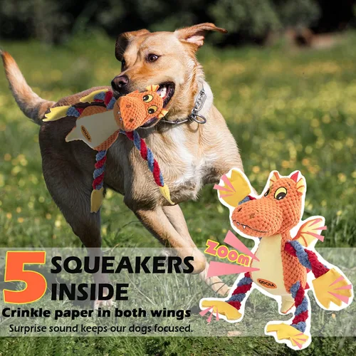 Miniatura 2 de GOOLA Juguetes Chirriantes para Perros, Lindo Dragón Interactivo de Peluche Relleno con 5 Chirriadores y Papel Arrugado, Juguete Masticable