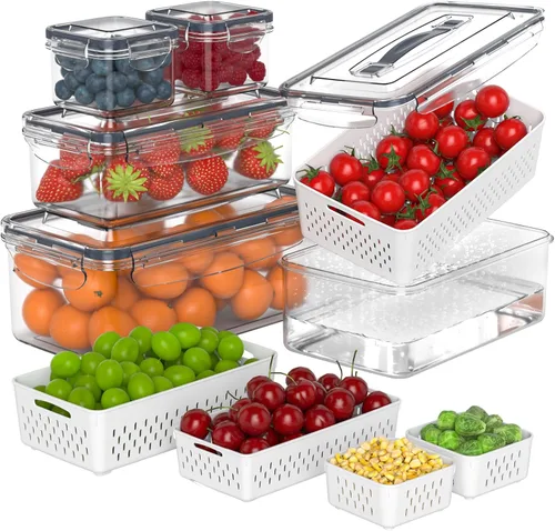 5 recipientes de almacenamiento de frutas para refrigerador con colador extraíble y tapa con asa, organizadores y almacenamiento de refrigerador,