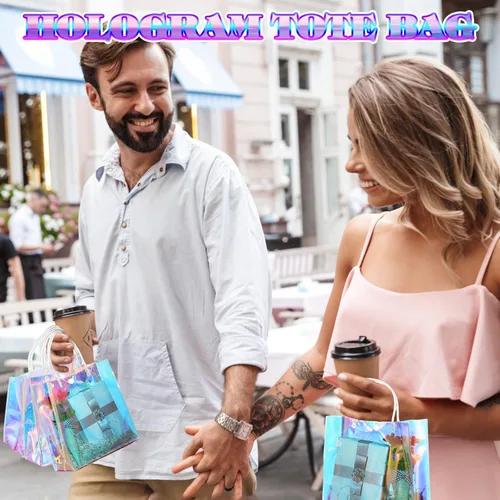 Miniatura 4 de Sherr 16 piezas bolsas de regalo pequeñas holográficas reutilizables iridiscentes transparentes para mujeres, portador de plástico de PVC con asas