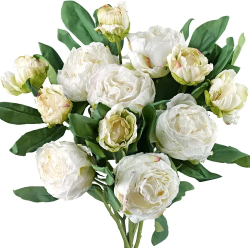 FiveSeasonStuff Peonías blancas vintage, flores de seda artificiales realistas con pétalos de aspecto seco, 6 tallos para el hogar rústico y boda,