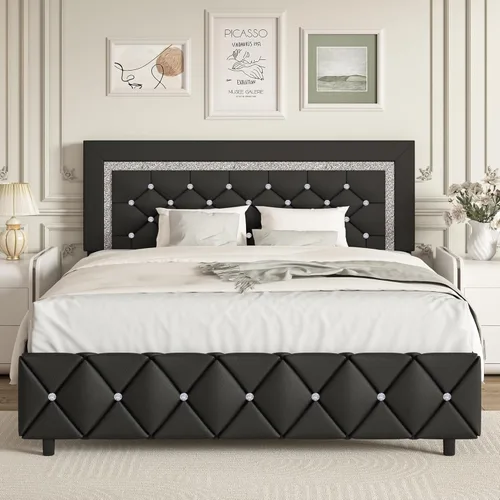 Miniatura 14 de BarnFurin Base de cama y cabecero tamaño King, cama tapizada de piel sintética con diseño capitoné de diamante, base de cama de plataforma moderna