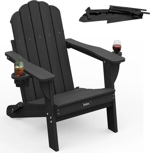 Silla Adirondack plegable, silla Adirondack de HDPE con 2 soportes para tazas, sillas para fogatas al aire libre de fácil montaje para patio, Negro