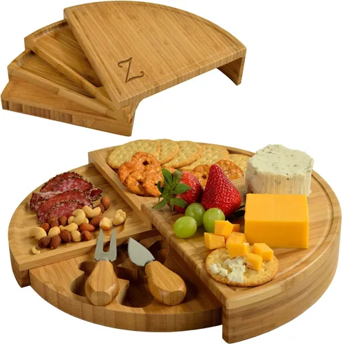Miniatura 16 de Tabla Picnic at Ascot de bambú, para aperitivos, con herramientas para queso, espirales de una cuña compacta de 13 pulgadas de diámetro, patentado