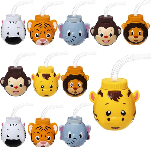 Hoolerry 12 juegos de vasos de animales del zoológico con pajitas y tapas, 10 oz vasos de plástico reutilizables con temática de safari y animales