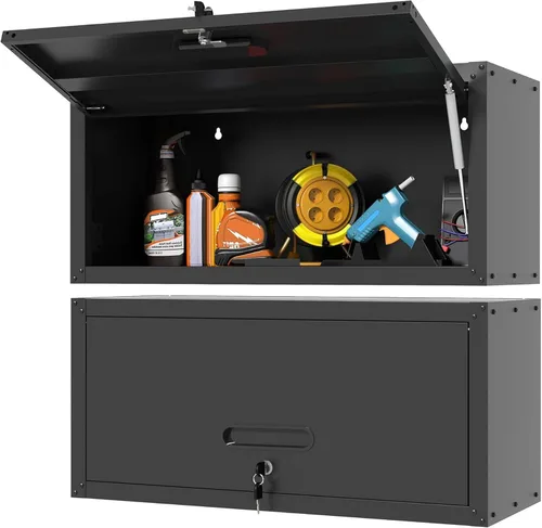 Miniatura 26 de Armario de almacenamiento de metal para garaje con ruedas, gabinete rodante con cerradura para herramientas con cajón y estantes, gabinete móvil