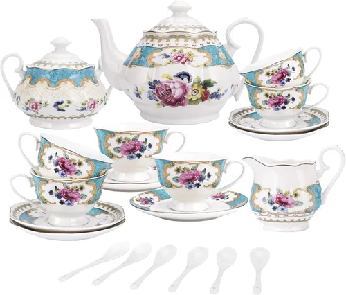 fanquare Juego de té de rosa retro europeo de 15 piezas, juego de té de flora inglesa para adultos, juego de café de porcelana