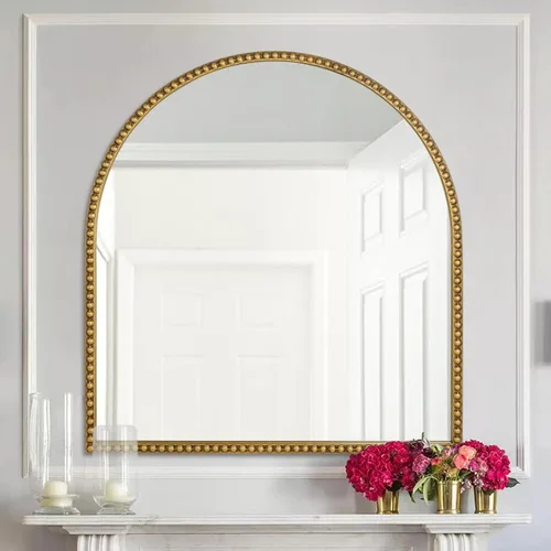 Miniatura 2 de Espejo de baño arqueado de 33 x 31 pulgadas, espejo de pared dorado antiguo, marco de cuentas de metal, espejo de tocador para tocador, sala de Arco