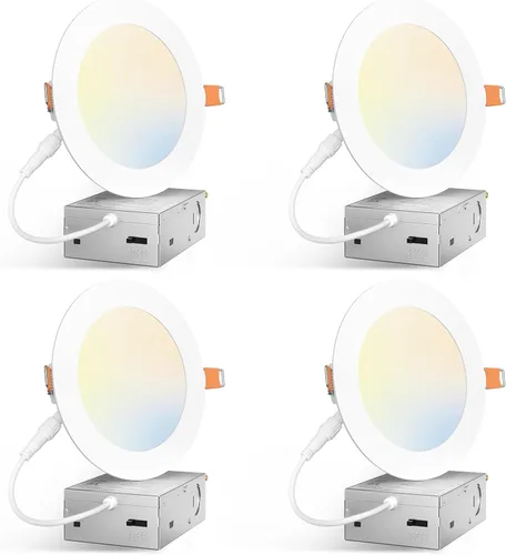 Amico Paquete de 4 luces LED empotrables ultrafinas 5CCT de 5 pulgadas con caja de conexiones, 2700K/3000K/3500K/4000K/5000K seleccionable, 11W =