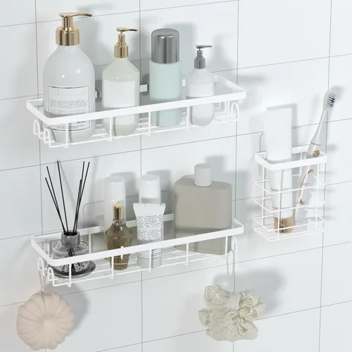 Miniatura 12 de Organizador de Cesta de Ducha con Ganchos, Estantes de Baño Autoadhesivos, Organizadores y Almacenamiento de Baño sin Taladro, Perfecto para RV