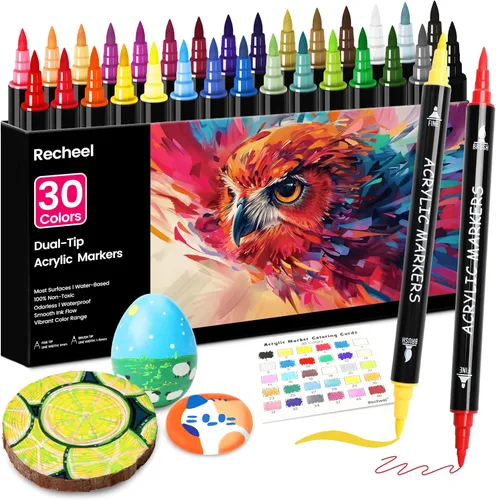 Recheel 30 colores marcadores de pintura acrílica, punta doble fina y de pincel para arte detallado, manualidades, pintura en roca, madera, vidrio,