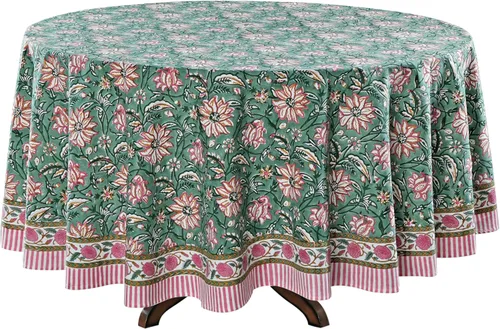 Miniatura 46 de Ridhi Mantel redondo de algodón reutilizable con estampado de bloque a mano, color verde espárragos, 60 pulgadas, mantel decorativo para uso diario