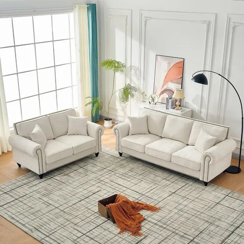 Miniatura 3 de Juego de sofá moderno y sofá biplaza Chesterfield de chenilla de lujo, cómodo sofá tapizado con asiento profundo con reposabrazos enrollados y Beige