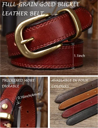 Miniatura 28 de Cinturones para mujer para jeans de 1.1 pulgadas de ancho, cinturones para vestidos de cuero de grano completo con hebilla dorada, caja de regalo