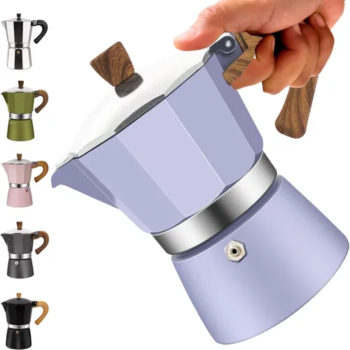 Miniatura 17 de Cafetera clásica de aluminio para 3 tazas, cafetera espresso de 5.1 fl oz, 5 onzas, cafetera de moca, olla greca, cafetera para café italiano y Azul