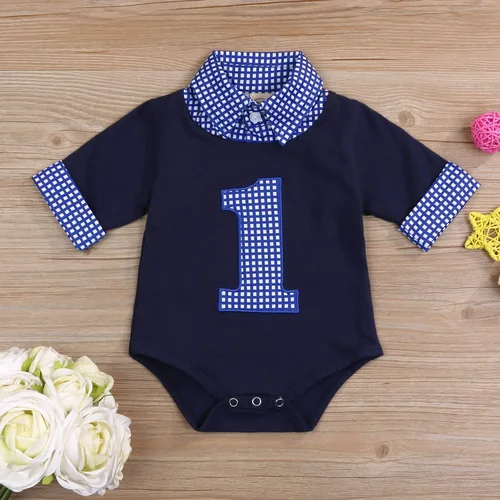 Miniatura 2 de Mameluco de manga larga para bebé niño, para primer cumpleaños, a cuadros, cuello alto