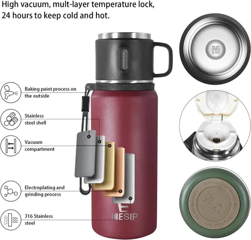 Miniatura 4 de Botella aislada de acero inoxidable, 27 onzas con taza, botella de agua aislada al vacío, termo para bebidas calientes/bebidas frías, viaje con Rojo
