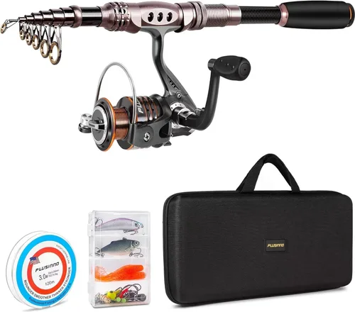 Miniatura 9 de PLUSINNO Combo de caña de pescar y carrete. Caña de pescar telescópica de fibra de carbono con carrete. Kit de pesca para agua salada y agua dulce.