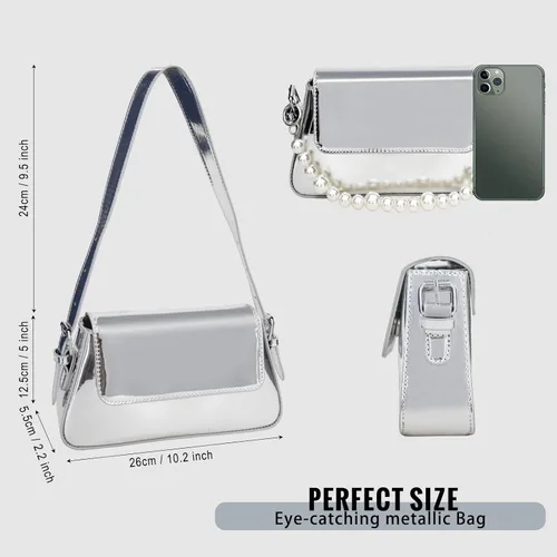 Miniatura 4 de shoowyees Evening Y2k - Bolso Hobo brillante para mujer, bolso plateado brillante, bolso de mano metálico, bolso de hombro 2023