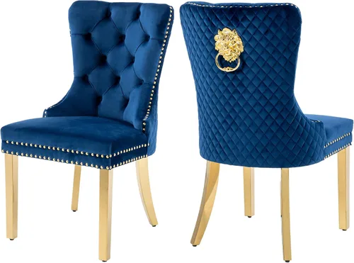 Miniatura 8 de KCC Juego de 2 sillas de comedor tapizadas de terciopelo, modernas sillas capitoné con botones con anillo de cabeza de león y patas de acero Patas