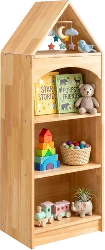 OOOK Rubberwood Montessori - Estante organizador y almacenamiento de juguetes de 4 niveles, armario esquinero de madera para habitación de niños,
