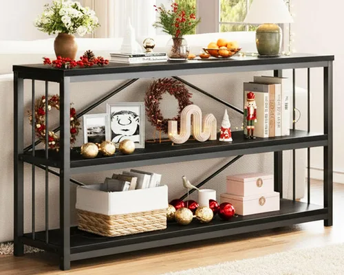 Miniatura 11 de LVB Mesa consola industrial, mesa de sofá de metal y madera, mesa de entrada rústica con almacenamiento, moderno estante de 3 niveles mesa larga