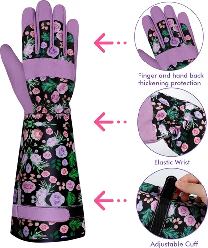 Miniatura 6 de Guantes largos de jardinería para mujer, guantes de cuero a prueba de espinas, guantes de trabajo transpirables para mujeres, patio, exteriores