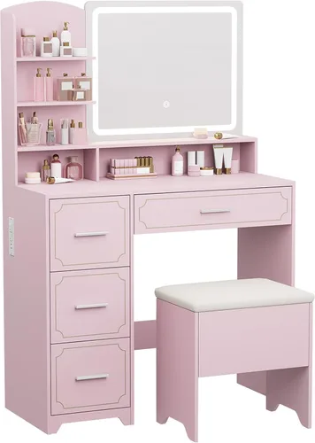 Miniatura 7 de Makeup Vanity Desk with Lighted Mirror and Power Outlet, Vanity Table Set with Stool, 5 Open Shelves and 4 Drawers, White Dressing Table with