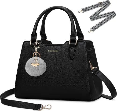 Miniatura 8 de IGOLUMON Bolso de mujer con asa superior de cuero vegano sintético Satchel Monedero para mujer Bolso de mano de diseñador con lindo pompón
