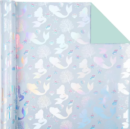 Miniatura 3 de WRAPAHOLIC Papel de regalo reversible, mini rollo, 17 pulgadas x 33 pies, sirena con diseño de lámina colorida para cumpleaños de niños, fiestas