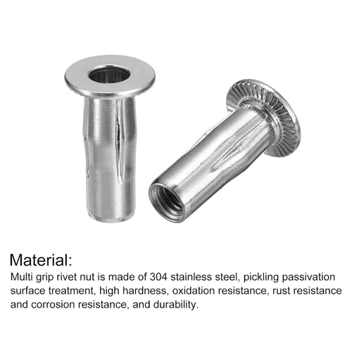 Miniatura 4 de uxcell Tuercas de remache M6 multiagarre, 5 piezas de vástago preabombado, cabeza plana, tuerca de inserción roscada de acero inoxidable 304 más