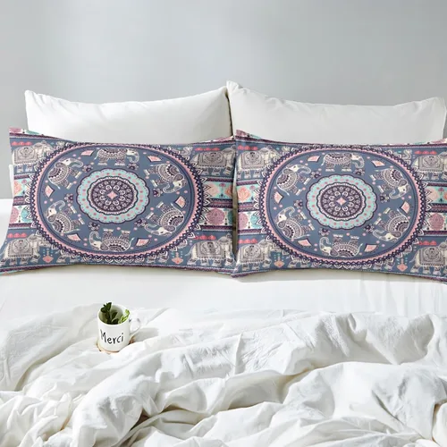 Miniatura 4 de Juego de funda de edredón de elefante bohemio para niños, tamaño individual, juego de ropa de cama de mandala bohemio de 2 piezas para decoración