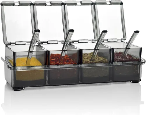 Miniatura 10 de V·RESOURCING Caja de condimentos transparente, 3 piezas de recipientes de especias con soporte para condimentos, sal y azúcar, con 3 cucharas