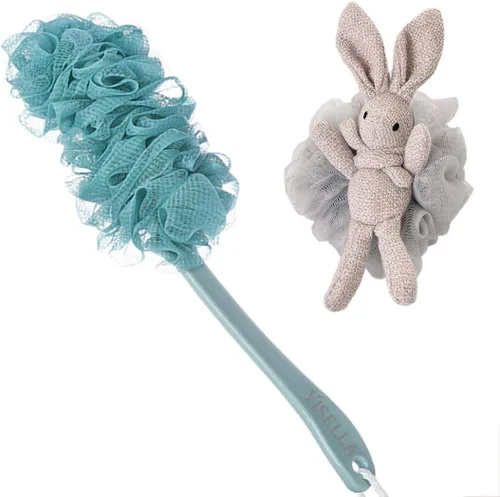 Miniatura 9 de Cepillo de baño de mango largo para ducha + esponja de baño gris Luffa