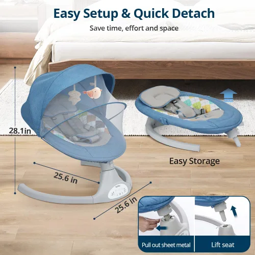 Miniatura 8 de Bioby Columpio de bebé para bebés con 5 velocidades de balanceo naturales, gorila portátil de música Bt con control remoto y arnés de 5 puntos