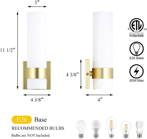 Miniatura 5 de XiNBEi Lighting XB-W1185-SB - Aplique de pared ADA, lámpara de tocador de baño vintage con tubo de vidrio acabado de latón satinado para cocina