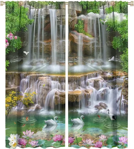 Miniatura 76 de Cortina opaca de bosque de verano, diseño de ramas de bosque, con bolsillo para barra, cortinas farbic con bolsillo para barra, comedor, cafetería