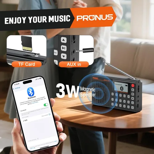 Miniatura 4 de PRUNUS J168 AM FM Radio Altavoz Bluetooth, preestablecido, excelente recepción, reproducción de tarjeta TF, temporizador de sueño, carga USB C