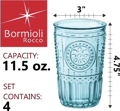 Miniatura 2 de Bormioli Rocco Juego Romántico de 4 Vasos Tumbler, 11.5 Oz. Cristal de Vidrio de Color, Azul Claro, Fabricado en Italia.