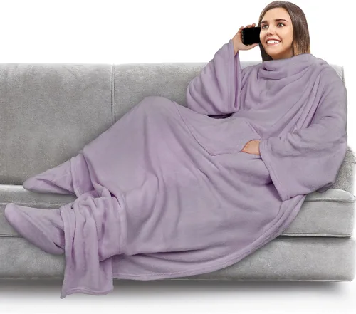 Miniatura 13 de PAVILIA Manta de forro polar con mangas, bolsillos para los pies para mujeres, hombres y adultos, manta de felpa para llevar, cálida manta