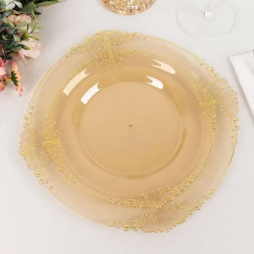 Miniatura 29 de Tableclothsfactory Paquete de 10 platos redondos de plástico barroco dorado de 8 pulgadas para ensalada de postre, vajilla desechable con borde